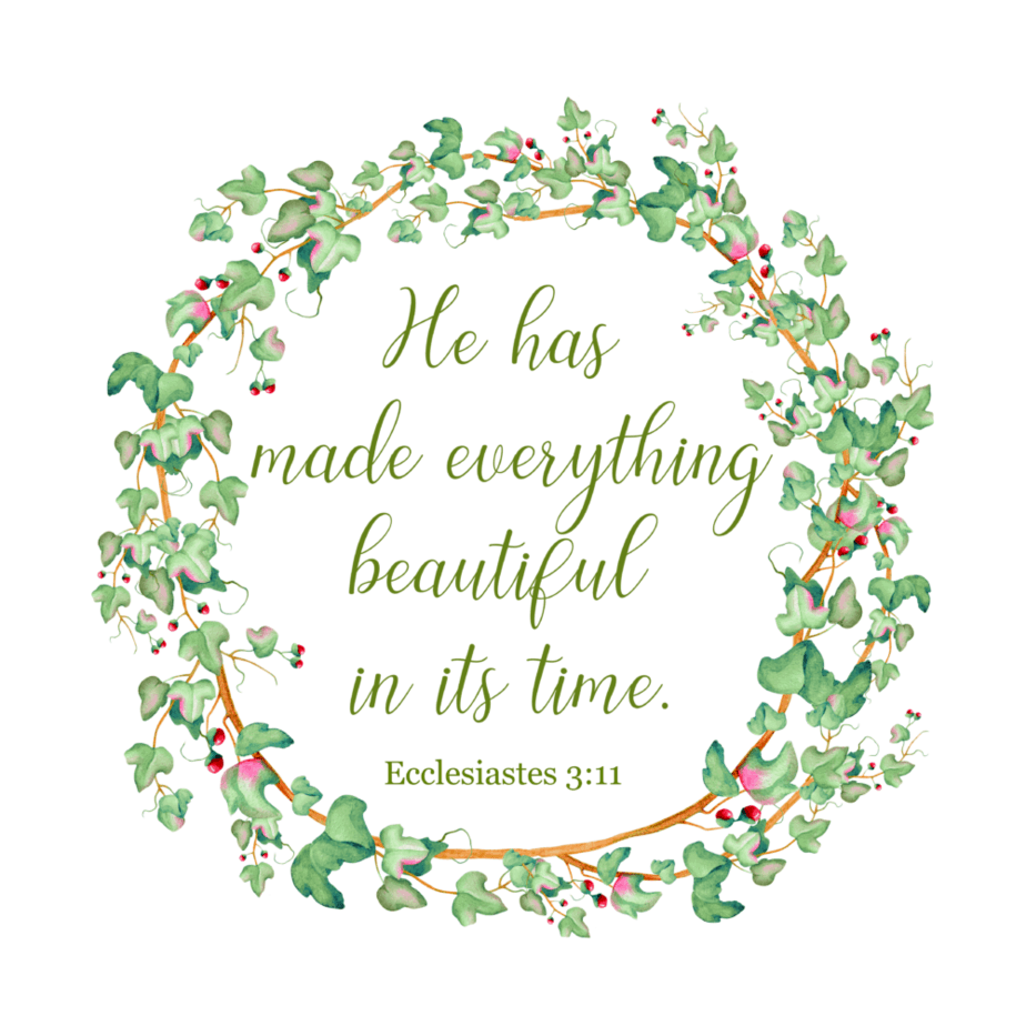 Image of evergreen wreath with Bible verse Ecclesiastes 3:11, from Christian romance author Autumn Macarthur