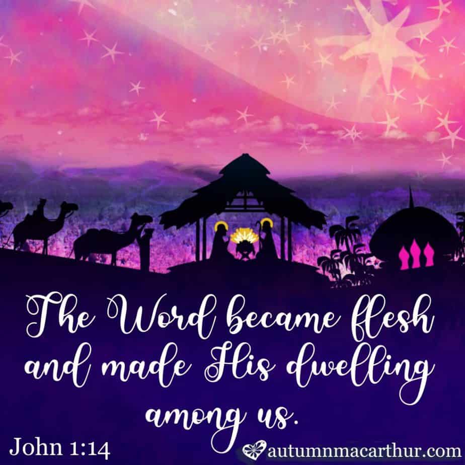 Nativity scene, with Bible verse John 1:14, "The Word became flesh and made his dwelling among us. We have seen his glory, the glory of the one and only Son, who came from the Father, full of grace and truth."