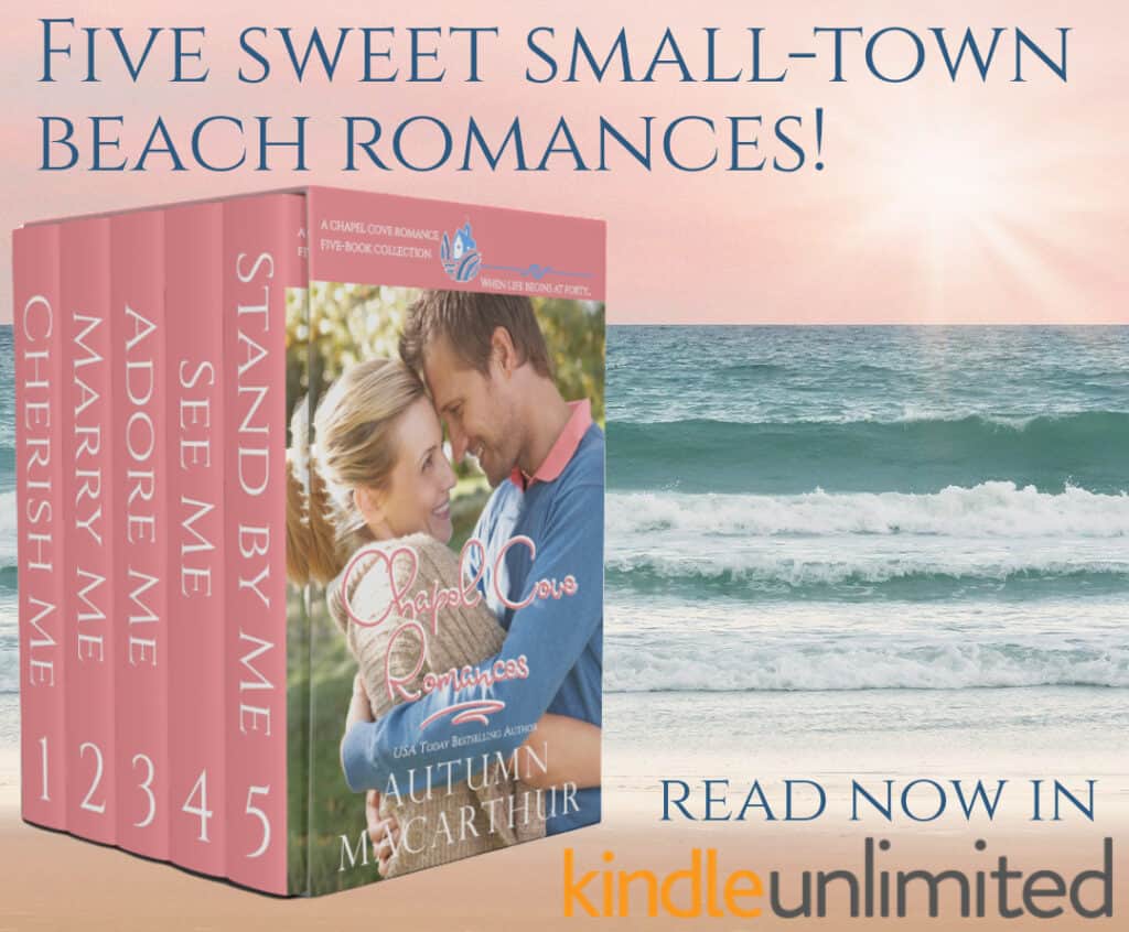 Image of woman on beach with cover of Chapel Cove Romances ebook set by Autumn Macarthur, available now in Kindle Unlimited