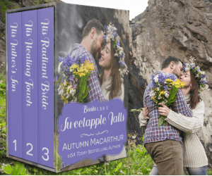 Image of a couple hugging beside a waterfall, cover for Sweetapple Falls Books 1-3, an ebook collection of three small-town Christian romances by Autumn Macarthur