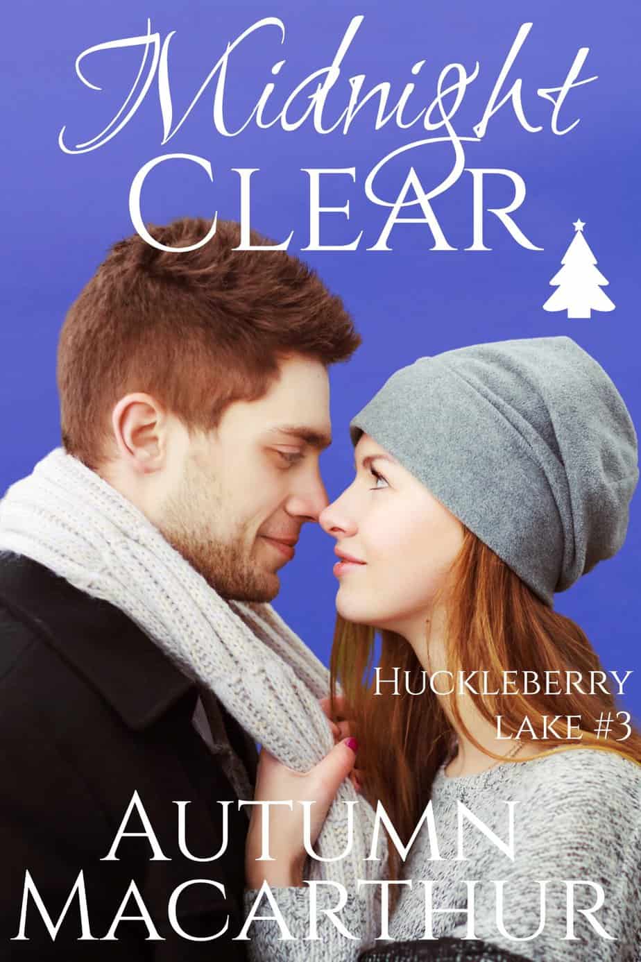 Couple nose to nose, mock-arguing, on a blue background. Cover image for Midnight Clear, a clean Christian an enemies-to-love, second chance romance/