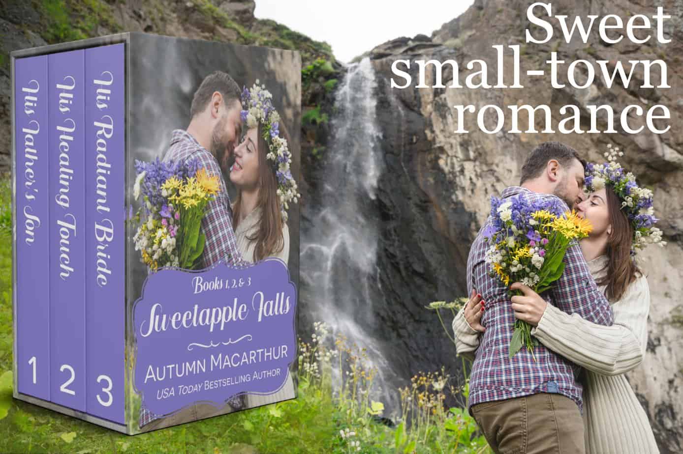Image of a couple hugging beside a waterfall, cover for Sweetapple Falls Books 1-3, an ebook collection of three sweet small-town Christian romances by Autumn Macarthur