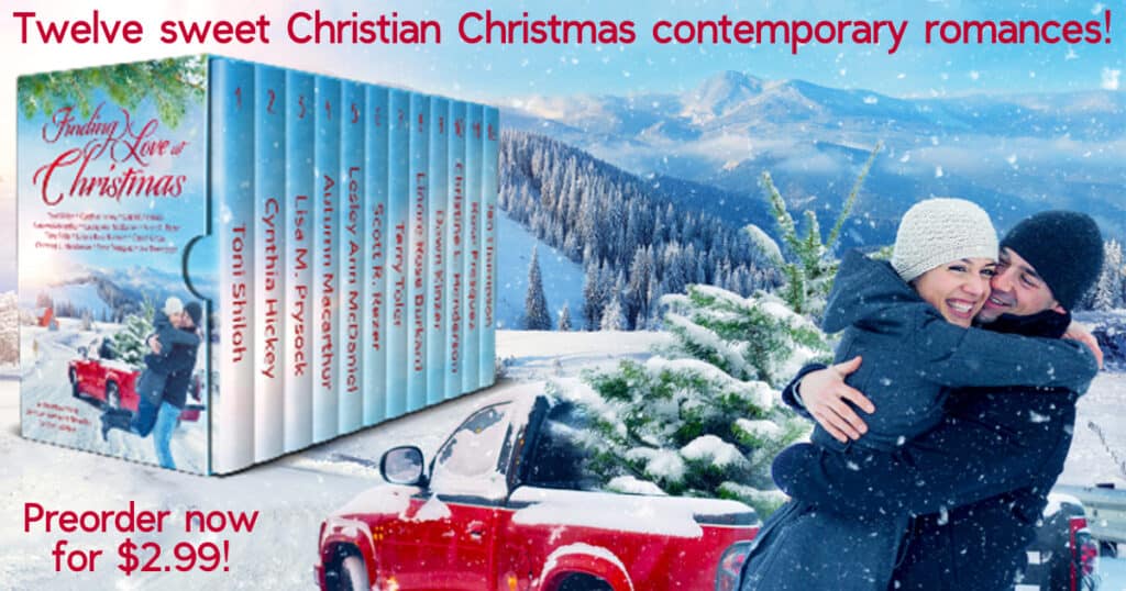 Couple embracing in front of a pick-up truck containing a snow-covered pine tree, cover for Finding Love at Christmas, a 12 book Christian romance ebook set launching Christmas 2024