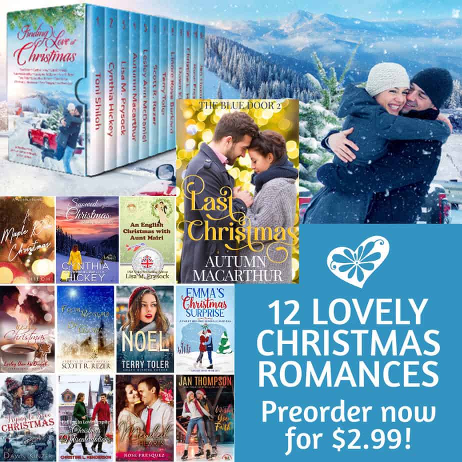 A man and a woman stand beside a Christmas tree in the snow. Cover for 12 book Christian romance multi-author set, Finding Love at Christmas