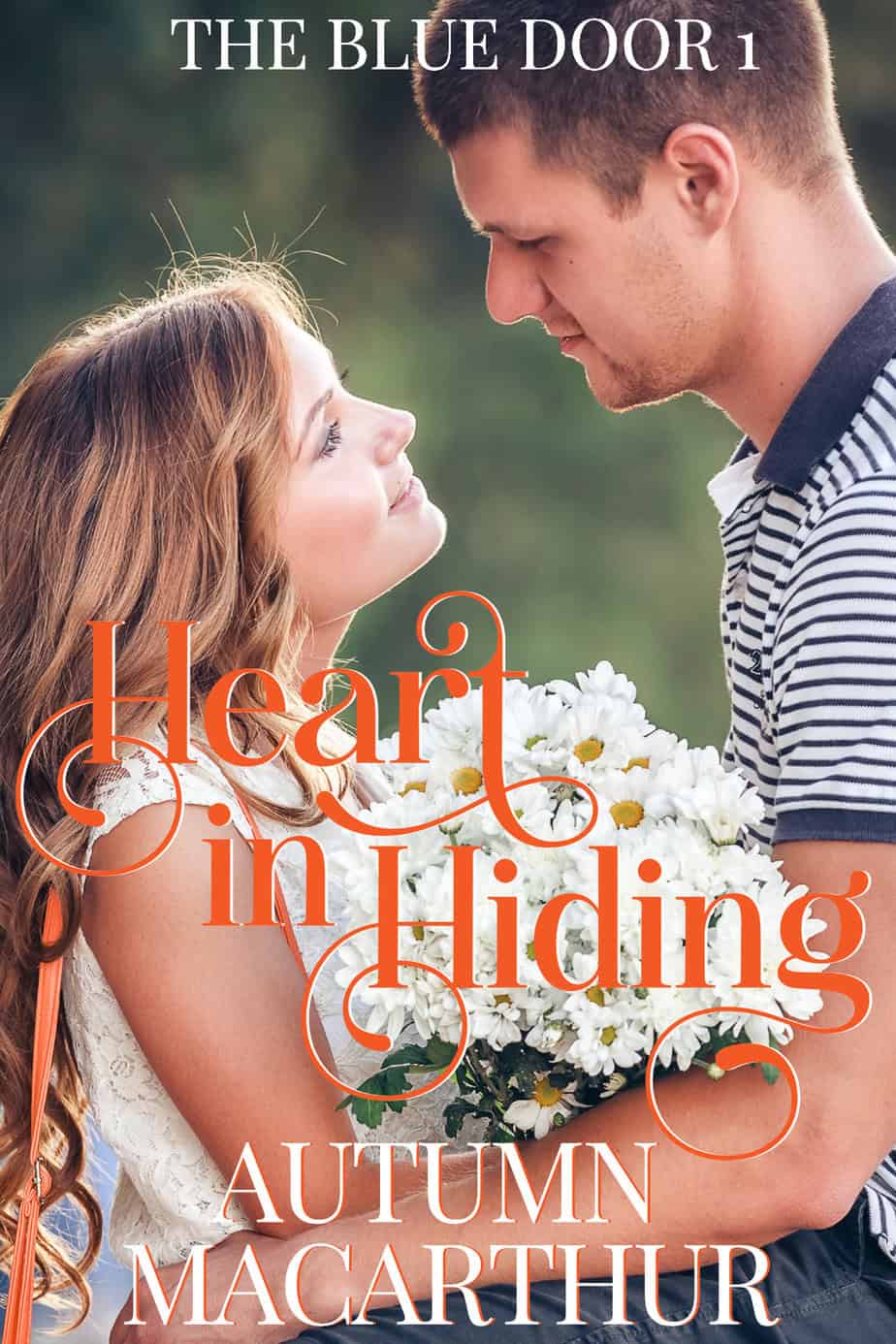 Inspirational romance cover for Heart in Hiding by Autumn Macarthur, smiling woman looks up at a concerned, caring man
