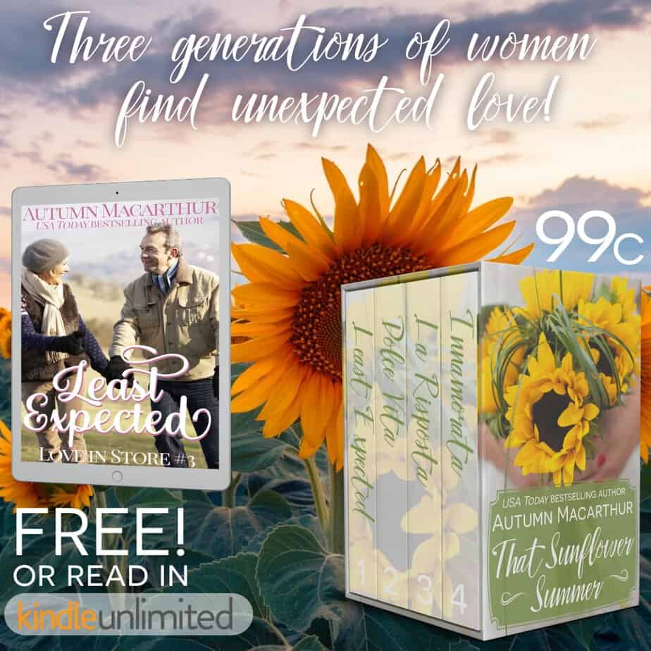 Cover images for heartwarming Christian romances Least Expected and the That Sunflower Summer 4-ebook set of family saga romances by Autumn Macarthur