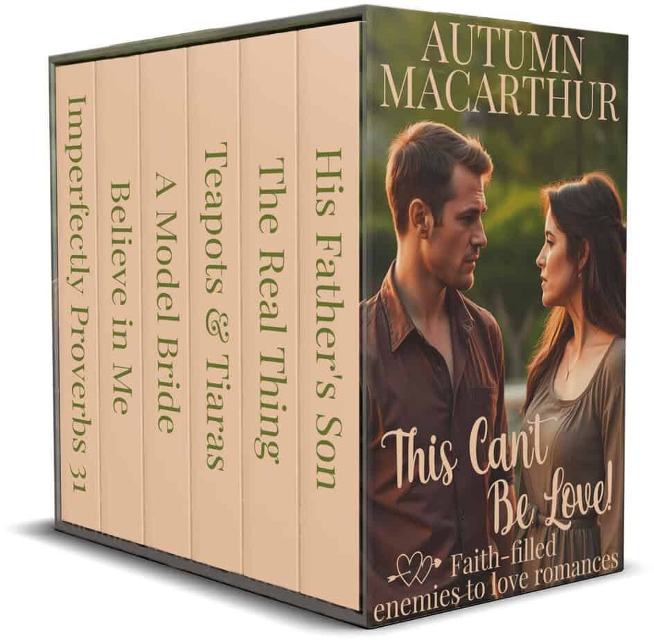 Man and woman stand off antagonistically in a woodland setting, cover for This Can't Be Love, an 6-ebook Christian romance ebook set featuring enemies who fall in love