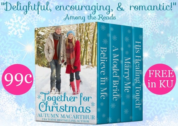 Cover image for 99c Christian romance boxed set, Together for Christmas, a four book collection of clean uplifting romances by Autumn Macarthur, showing a man and woman walking hand-in-hand through snow
